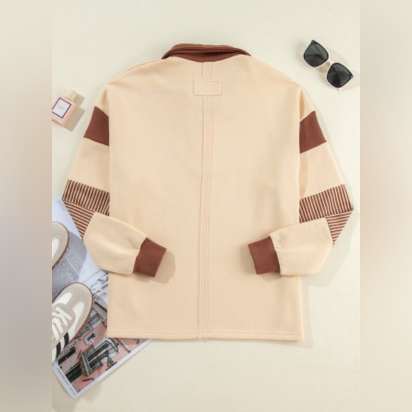 Vienna French beige striped colorblock patchwork sweatshirt - Picture 4 of 9